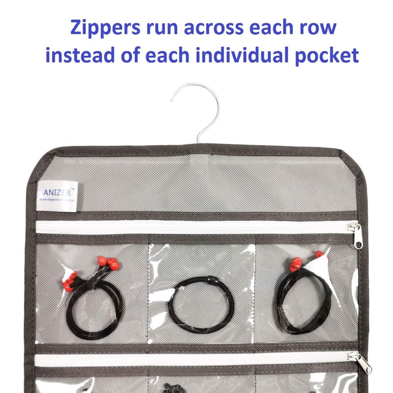 ANIZER Travel Foldable Jewelry Rolls Bag Hanging Jewelry Organizer with 9 Zippered Clear Pockets Storage Pouch with Rotatable Hanger (GREY) - Image 4
